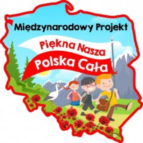 kontury Polski, bocian, 3 dzieci, w tle góry, napis piękna nasza polska cała